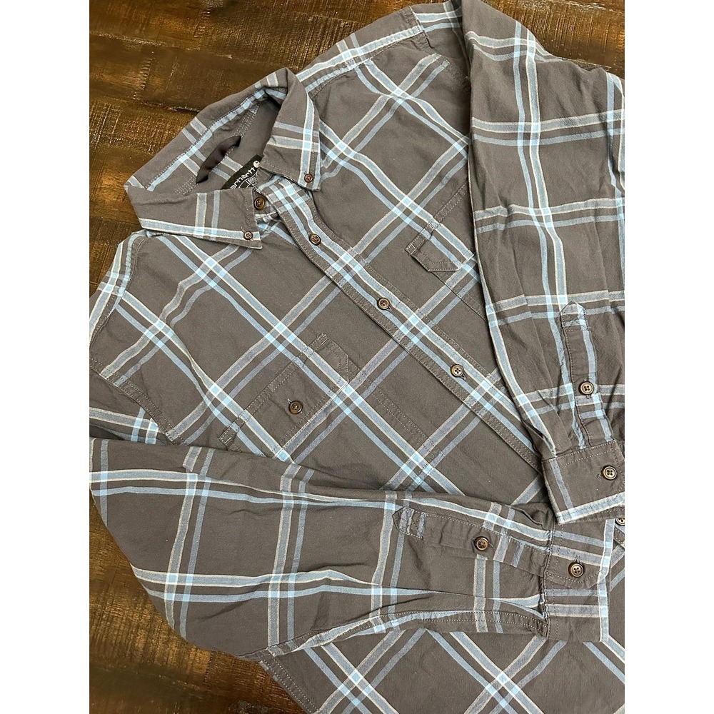 Carhartt‎ Shirt Mens Large Gray Plaid Long Sleeve Loose Fit Button Front Work